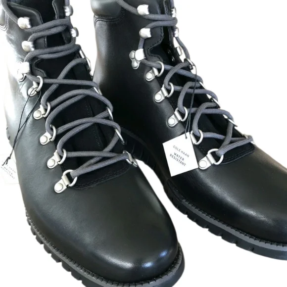 Cole Haan Zerogrand Water Resistant Leather Hiker Ankle Combat Boots Black 9 New
